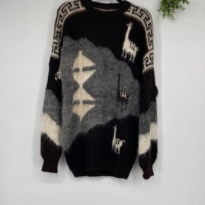 Bolivian Handknits 100%‎ Alpaca Wool Crew Sweater Large Brown Grey Unisex